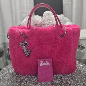 A Rare HTF Claire's Barbie The Movie Pink Furry Tote Bag Purse Handbag 10" X 7"